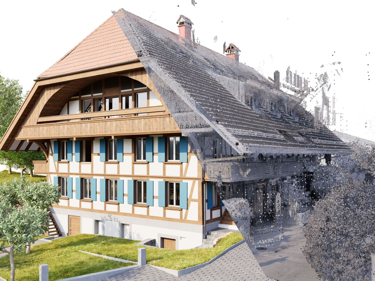 Bauernhaus mit Holzfassade, links als fertiges 3D-Modell, rechts als Punktwolke der Aufnahme