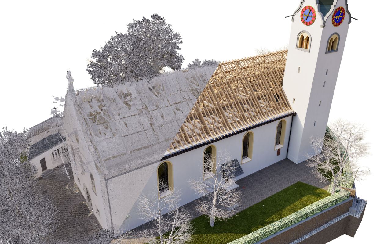 Kirche mit Turm, links als Punktwolke, rechts als 3D-Modell mit offen gezeigtem Dachstuhl