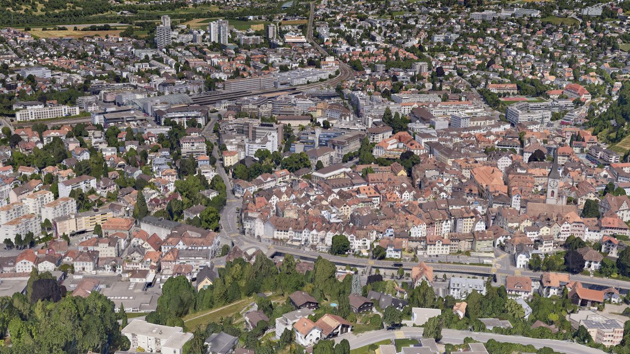 Texturiertes 3D-Mesh der Stadt Chur im Schrägblick, Altstadt, Bahnhof und Quartiere bis an den Hang