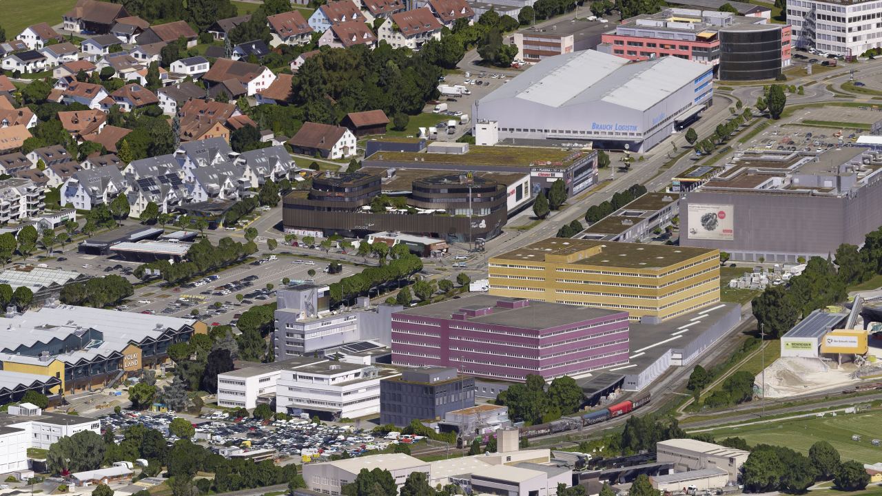 Texturiertes 3D-Mesh eines Gewerbegebiets in Volketswil, farbige Bürogebäude, Hallen und Wohnquartier im Schrägblick