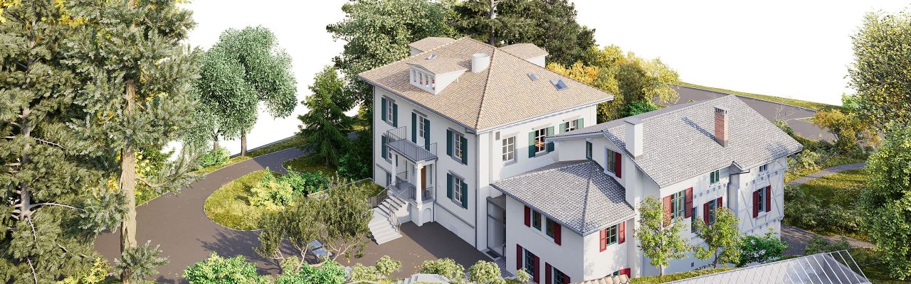 3D-Bestandsmodell einer Villa mit Garten, Terrassen und Nebengebäude aus dem Schrägblick
