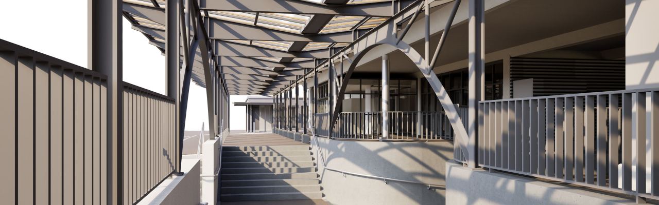 3D as-built model of a platform hall with a steel structure, railings and a staircase