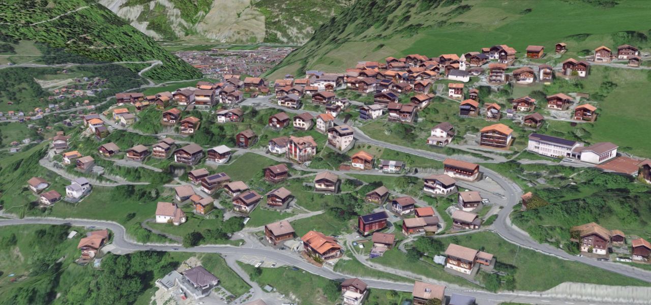 Texturiertes Stadtmodell eines Dorfs am Hang, Wohnhäuser zwischen Wiesen und Wald über dem Talboden