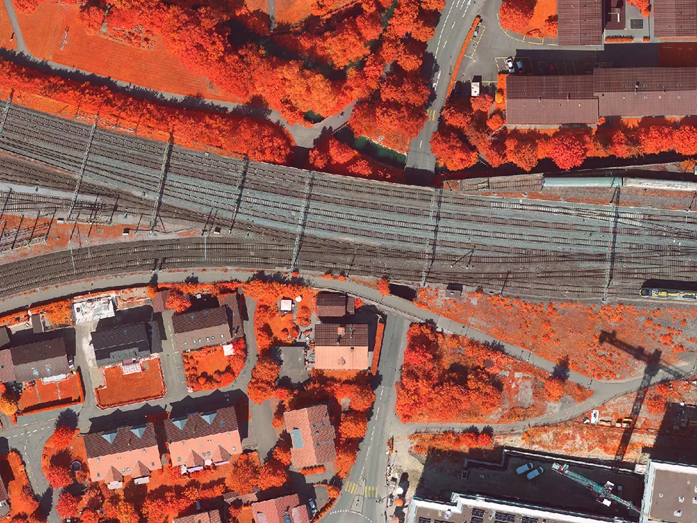 CIR-Orthofoto (Farbinfrarot), Vegetation erscheint rot