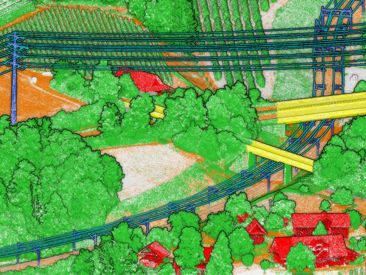 Klassifizierte Punktwolke aus der Luft, Vegetation grün, Gebäude rot, Brücke gelb, Freileitung und Boden farblich getrennt