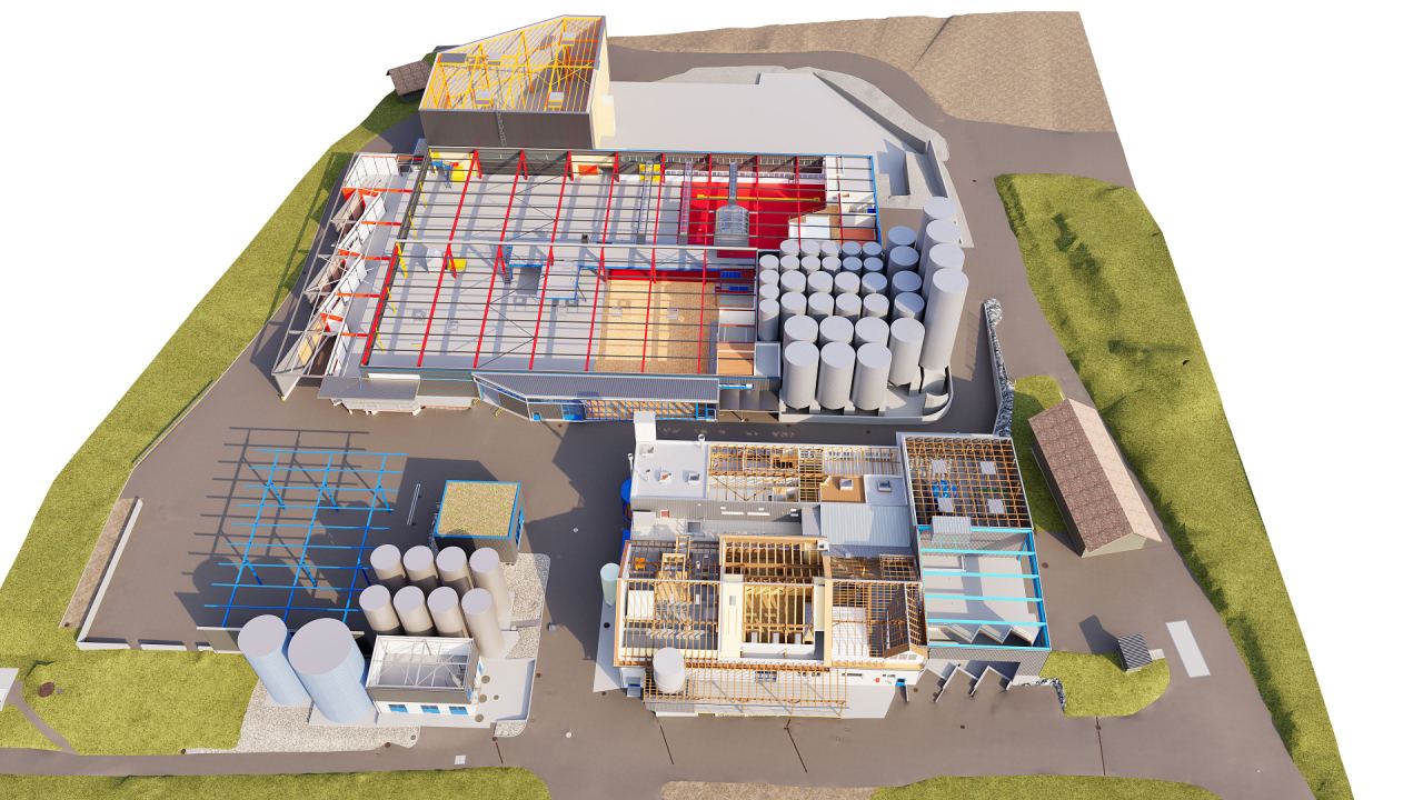 Industrieareal als 3D-Modell mit Hallen, Silos, Tanks und Umgebung aus der Vogelperspektive
