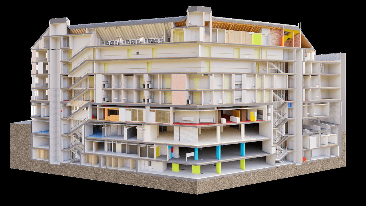 Aufgeschnittenes 3D-Modell eines grossen Gebäudes mit Geschossen, Räumen und Treppenhäusern