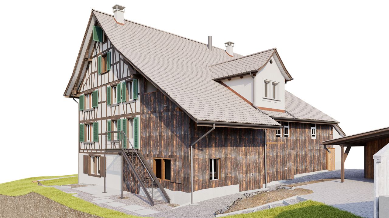 Fachwerkhaus mit Holzfassade und grünen Fensterläden als 3D-Bestandsmodell