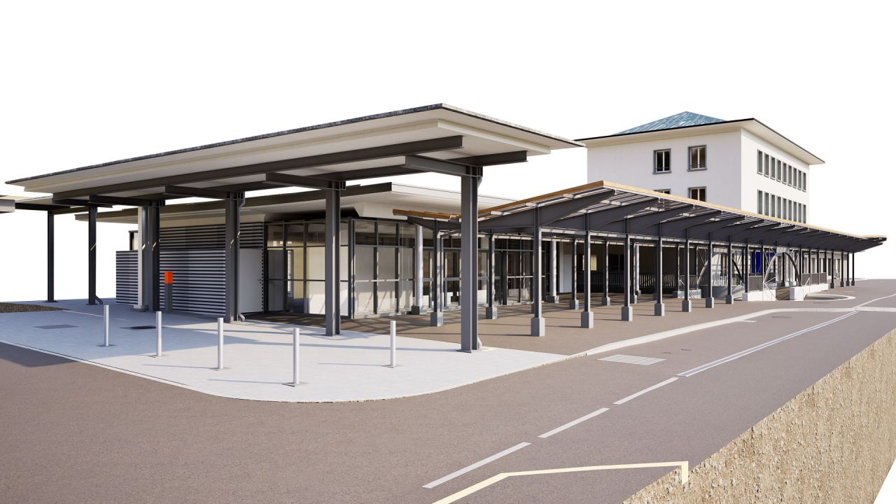 Bahnhofsgebäude mit langem Perrondach und Vorplatz als 3D-Modell