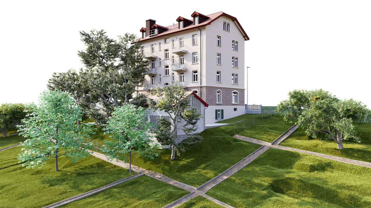 Visualisierung eines Wohnhauses in einem Park mit Bäumen und Wegen