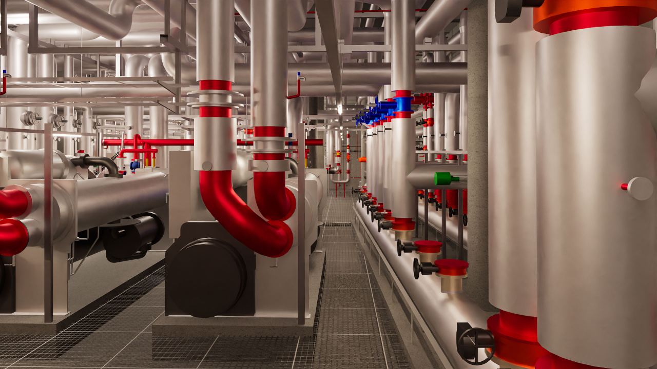 Technikzentrale als 3D-Modell mit Rohrleitungen, Pumpen und Speichern