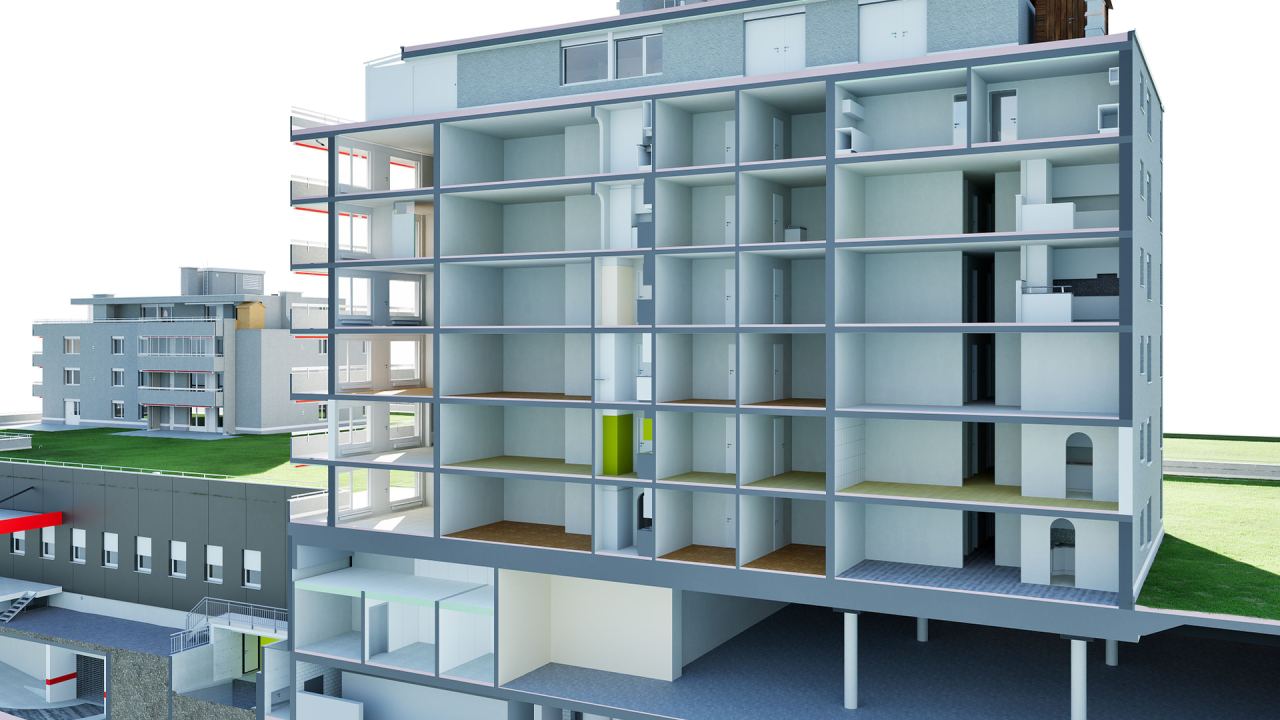 Aufgeschnittenes 3D-Modell eines mehrgeschossigen Wohnhauses mit Wohnungen, Treppenhaus und Tiefgarage
