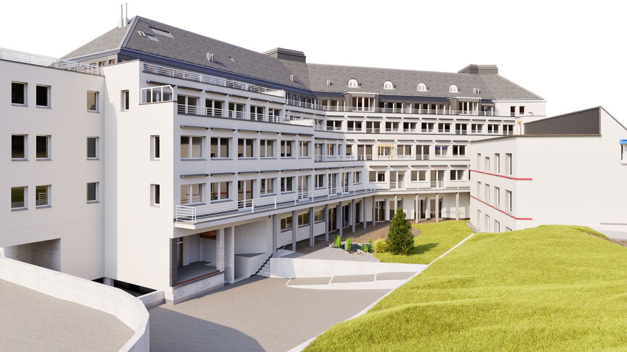 Grosser Gebäudekomplex mit Innenhof und Grünfläche als 3D-Modell