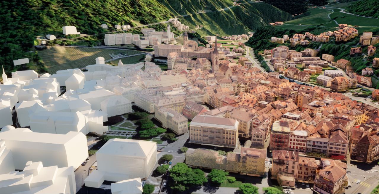 Stadtmodell der Churer Altstadt aus dem Schrägblick, links als weisse Baukörper ohne Textur, rechts mit Fototextur auf Dächern und Fassaden